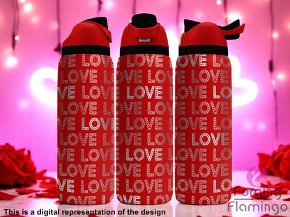 Three red tumblers with flip-top lids, engraved with an all-over repeating pattern of the word "LOVE" in bold block letters, displayed against a romantic pink and red background with string lights, roses, and heart shapes. Text below reads “This is a digital representation of the design.”
