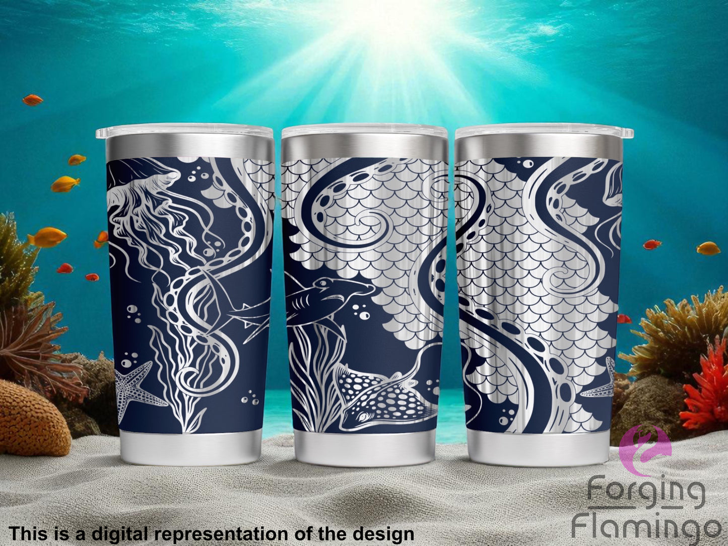 Three digital mockup stainless steel tumblers with clear lids, shown against an underwater reef backdrop. The navy blue tumblers feature a continuous laser-engraved ocean design in white, wrapping around all sides. The artwork includes a mermaid, jellyfish, swirling octopus tentacles, a shark, stingray, starfish, coral, and fish scales, giving the effect of a deep-sea scene. The tumblers are displayed front, center, and back to showcase the seamless wraparound illustration.
