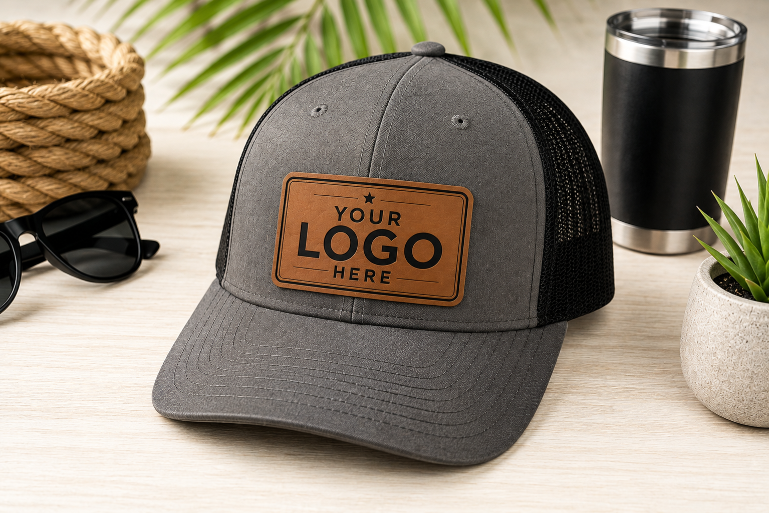 A gray and black trucker hat with a brown leather patch on the front that says 'YOUR LOGO HERE'. The hat is styled on a light wood table with a black travel mug, sunglasses, a small potted plant, and a rope basket in the background.