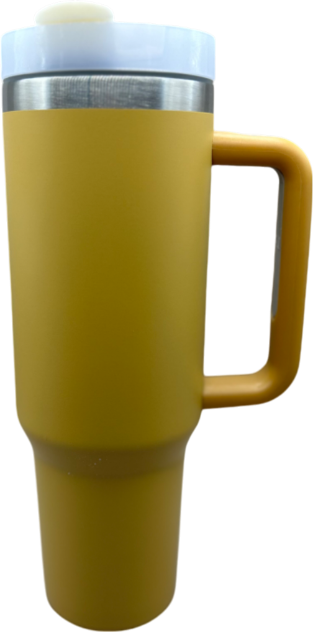 Yellow travel mug with a handle on a white background