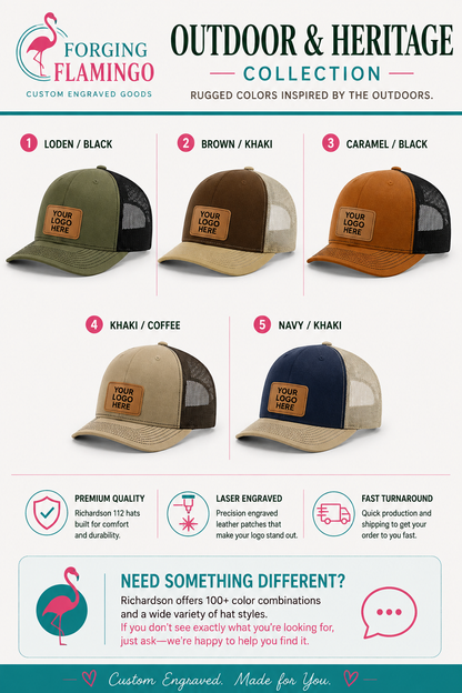 A promotional infographic for the Forging Flamingo Outdoor & Heritage Collection, showing five customizable trucker hats in different colors: olive green, brown, caramel orange, khaki, and navy. Each hat features a canvas front panel with a placeholder logo patch and a mesh back.