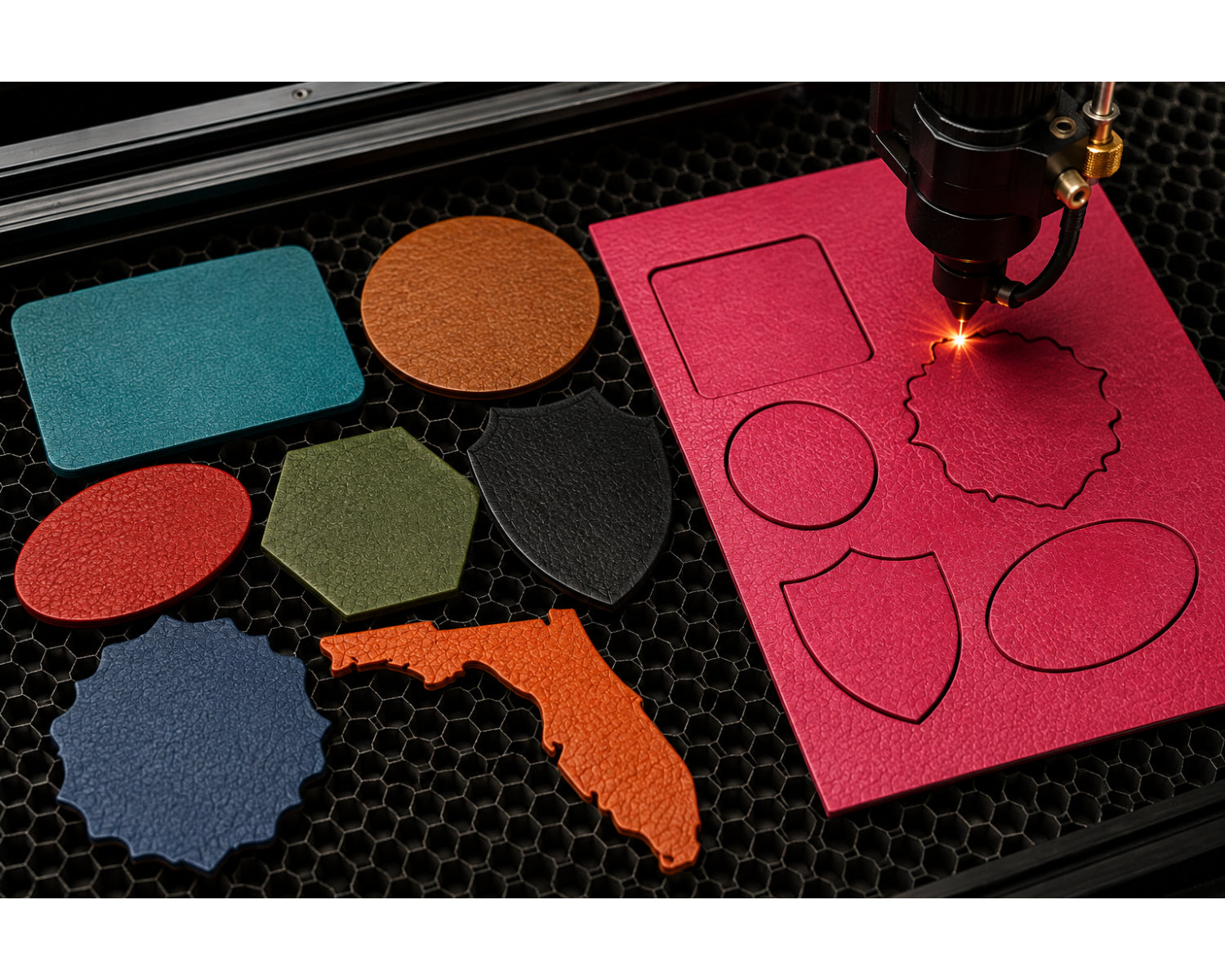 Picture of a laser engraver cutting out leatherette hat patch shapes 