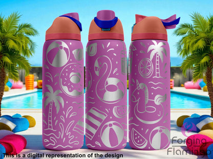 Three pink Owala tumblers featuring a playful laser-engraved summer pool party design. The wrap includes shiny metal illustrations of flamingo floaties, beach balls, palm trees, donuts, watermelon slices, and splashing water. Each tumbler has a different arrangement of the elements across its surface. The lids are a warm coral color with dark pink accents and bold blue flip spouts. The background shows a sunny poolside scene with palm trees and lounge chairs. Forging Flamingo logo in the bottom right.
