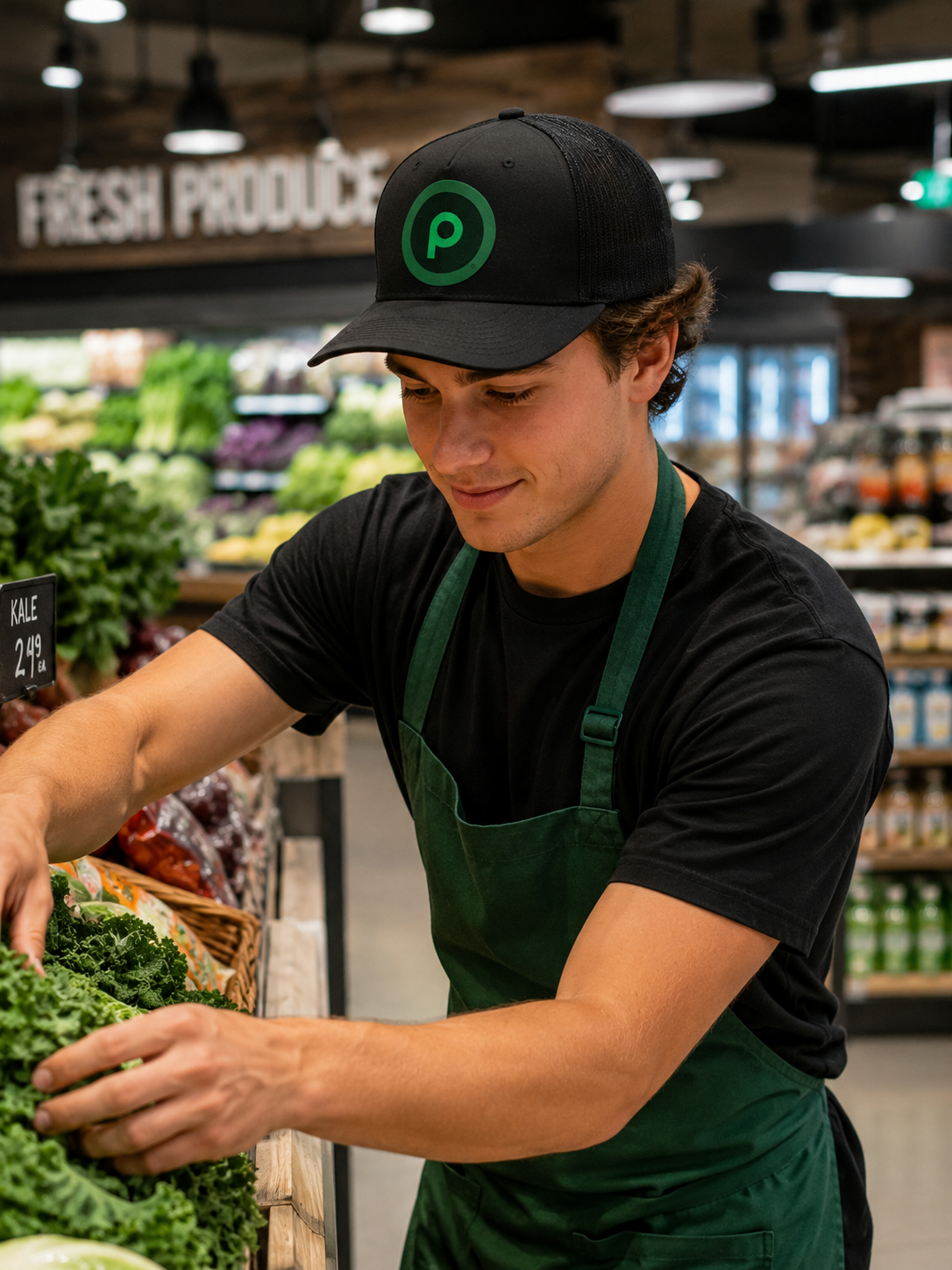 A man in a grocery store wearing a black t-shirt, a dark green apron, and a black baseball cap with a green circular logo, reaching for kale in a produce display.