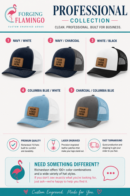 A promotional infographic for the Forging Flamingo brand showing a collection of custom trucker hats with blank leather patches. The image features four main color options (Navy/White, Navy/Charcoal, White/Black, Columbia Blue/White, and Charcoal/Columbia Blue) with numbered labels.