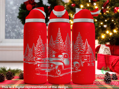 Three red tumblers with flip-top lids, engraved with a festive winter scene featuring a vintage pickup truck, snowy pine trees, falling snow, and a farm sign, displayed in front of a Christmas tree and window with snow falling outside. Text below reads “This is a digital representation of the design.”
