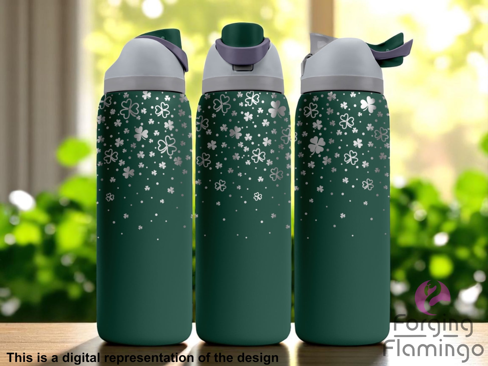 Three dark green Owala tumblers with laser-engraved clover and dot patterns cascading from the top, displayed indoors with a bright, leafy garden view in the background. Forging Flamingo logo is visible in the bottom right corner.
