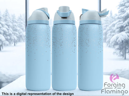 Three light blue Owala tumblers with silver glitter-style engraving fading from top to center, displayed against a snowy winter window backdrop. Forging Flamingo logo appears in the bottom right corner.
