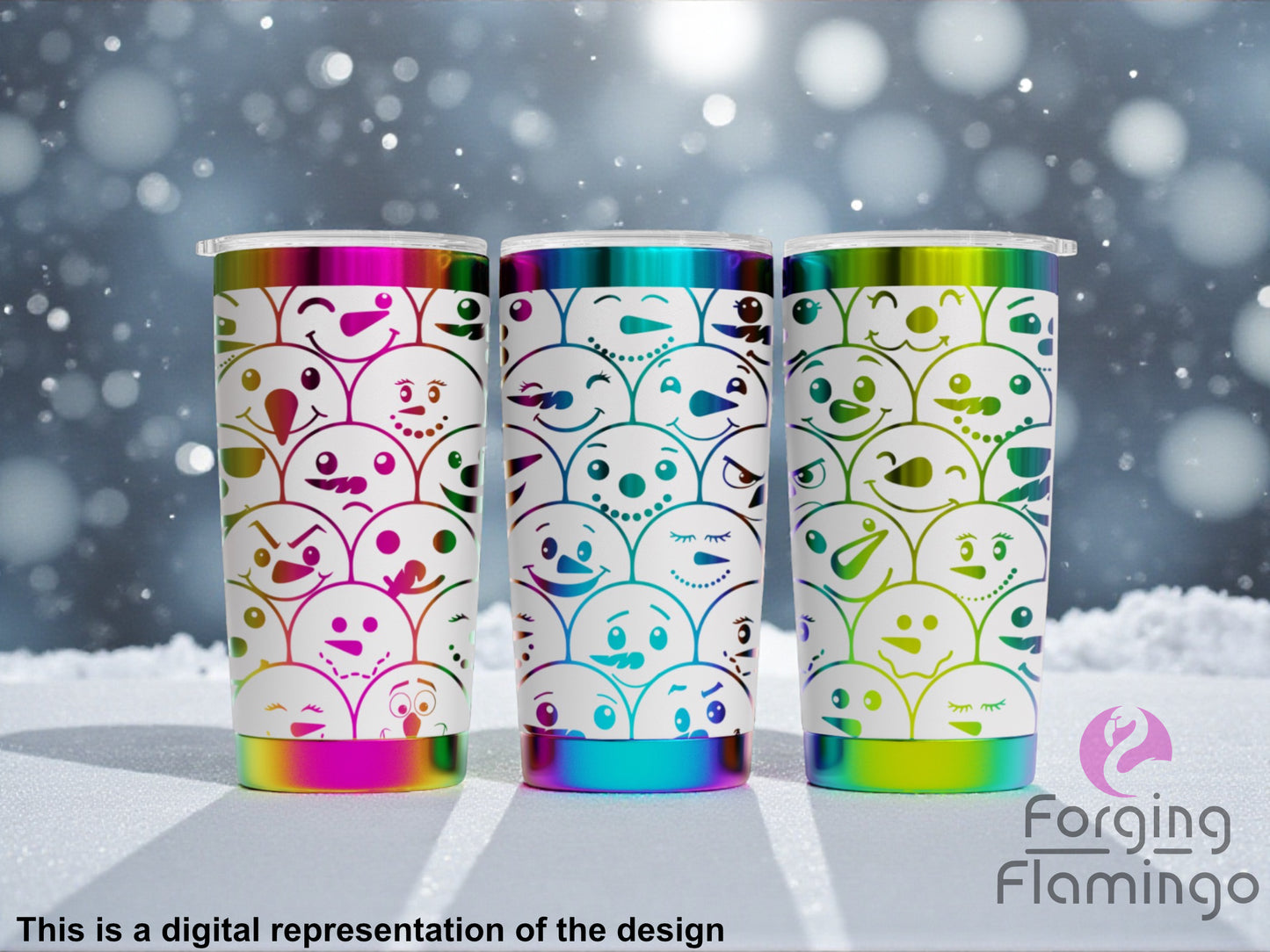 Three colorful tumblers with patterned designs on a snowy background, featuring the brand 'Forging Flamingo'.