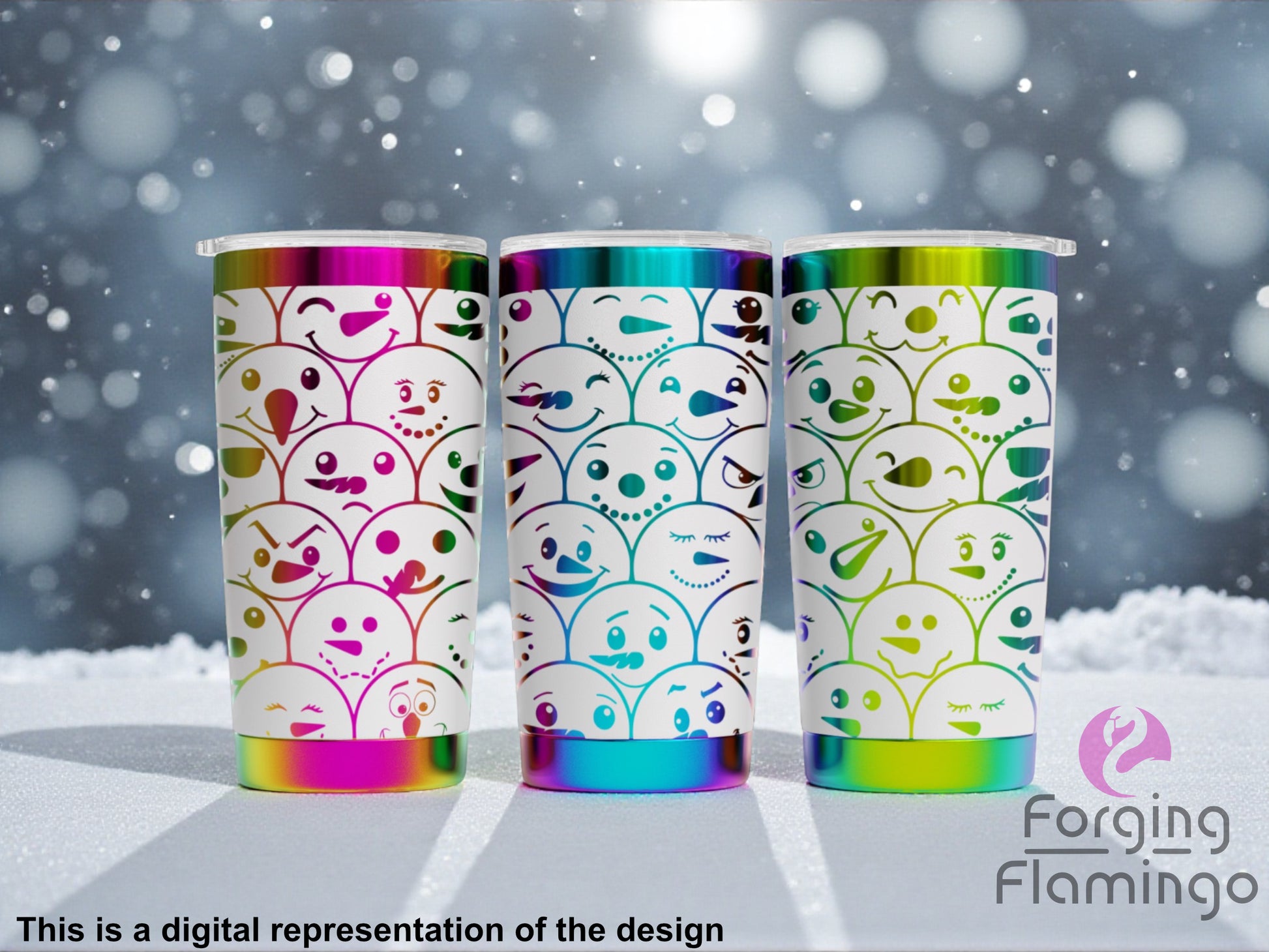 Three colorful tumblers with patterned designs on a snowy background, featuring the brand 'Forging Flamingo'.