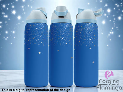 Three royal blue Owala tumblers with laser-engraved starburst and scattered star patterns fading from the top, displayed against a glowing night-sky-inspired background. Forging Flamingo logo is visible in the bottom right corner.
