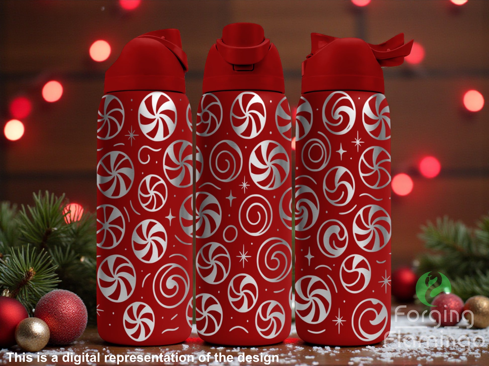 Three red water bottles with white candy cane patterns on a festive background.