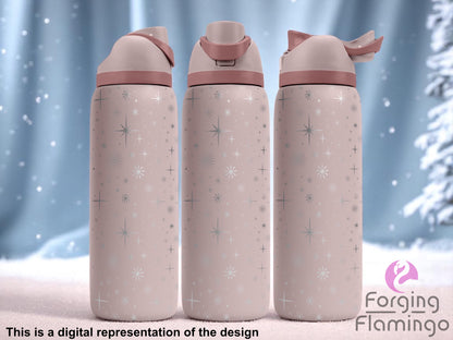 Three blush pink tumblers with flip-top lids, engraved with a scattered pattern of mid-century modern starbursts and sparkles, displayed against a snowy winter backdrop with frosted trees and falling snow. Text below reads “This is a digital representation of the design.”
