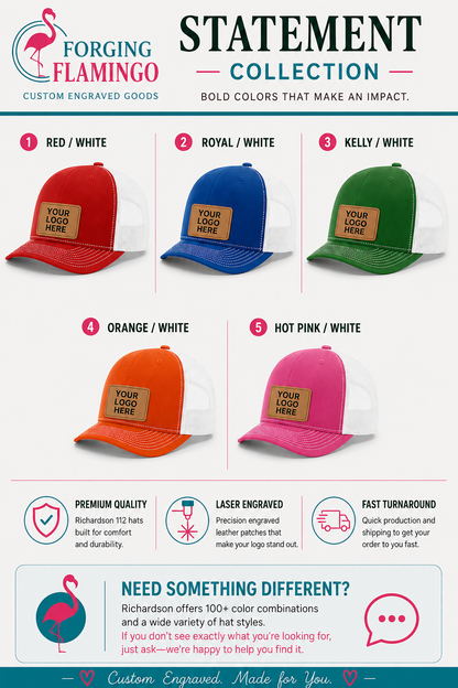 A promotional infographic for the Forging Flamingo Statement Collection, showing five customizable trucker hats in different color combinations (Red/White, Royal/White, Kelly/White, Orange/White, Pink/White) with descriptive text and feature icons below.