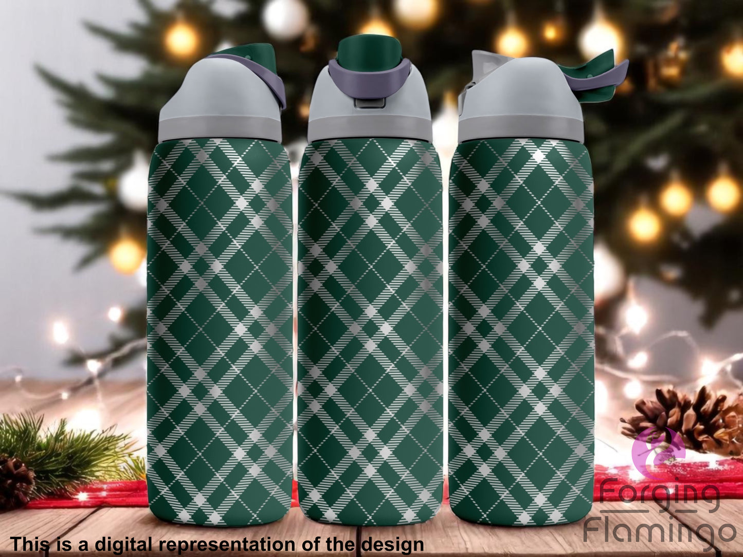 Three dark green Owala tumblers with a full-wrap laser-engraved tartan plaid pattern, displayed indoors with a blurred background of glowing holiday lights and a decorated Christmas tree. Forging Flamingo logo appears in the bottom right corner.
