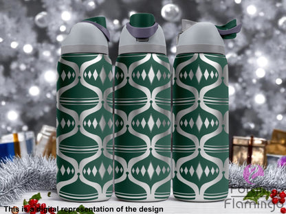 Three green Owala tumblers with a full-wrap laser-engraved retro teardrop ornament pattern, displayed on a snowy surface with frosted decor and blurred silver holiday lights in the background. Forging Flamingo logo appears in the bottom right corner.
