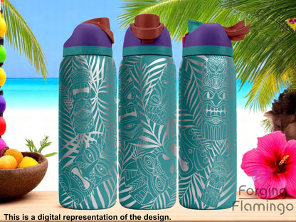 Three teal tumblers with flip-top lids, engraved with tiki face designs and tropical palm leaves, displayed against a vibrant beach background with ocean, palm trees, a bowl of fruit, and a pink hibiscus flower. Text below reads “This is a digital representation of the design.”
