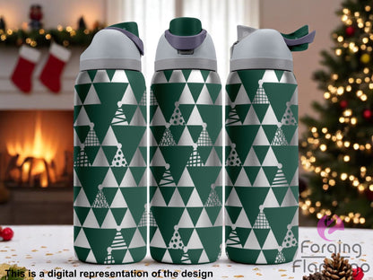 Three green tumblers with flip-top lids, engraved with a repeating geometric pattern of triangles resembling Christmas trees and festive party hats, some with polka dots and stripes, displayed against a cozy holiday background with a fireplace, stockings, and a decorated Christmas tree. Text below reads “This is a di
