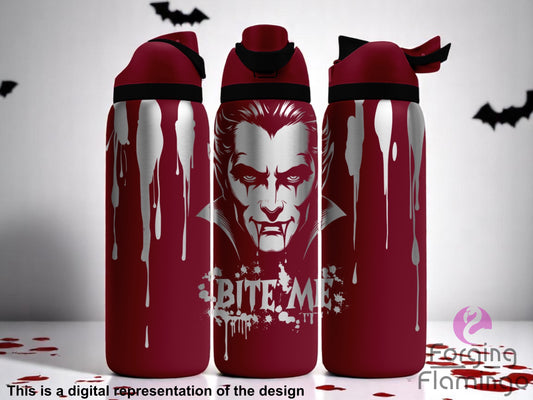 Three stainless steel tumblers with a deep red coating, featuring a laser-engraved wrap design of a menacing vampire face with blood dripping from its mouth, surrounded by dripping blood streaks along the cup. The phrase "BITE ME" is boldly engraved below the vampire. The background includes scattered bats and blood splatters, with text at the bottom reading “This is a digital representation of the design.”
