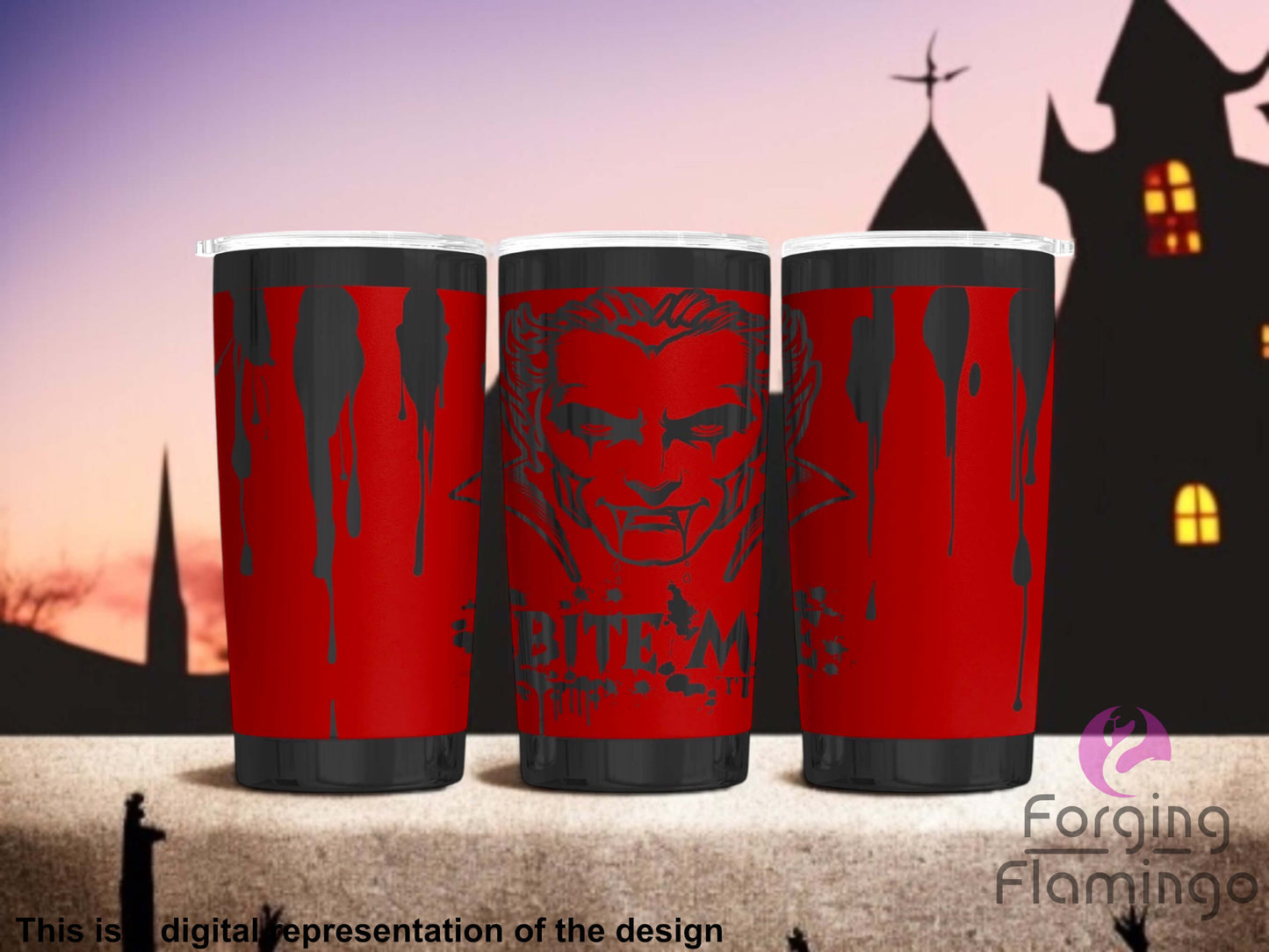 Three red tumblers with black designs against a Halloween-themed background