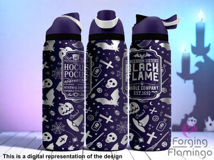 Three stainless steel tumblers with dark purple and silver design inspired by Hocus Pocus. The design includes potion labels reading “Hocus Pocus Apothecary” and “Black Flame Candle Company,” surrounded by Halloween-themed elements like skulls, bats, spider webs, potion bottles, crosses, and pumpkins. Background features a softly lit scene with a purple-to-blue gradient and a silhouette of a candle holder. Text at the bottom reads “This is a digital representation of the design.”
