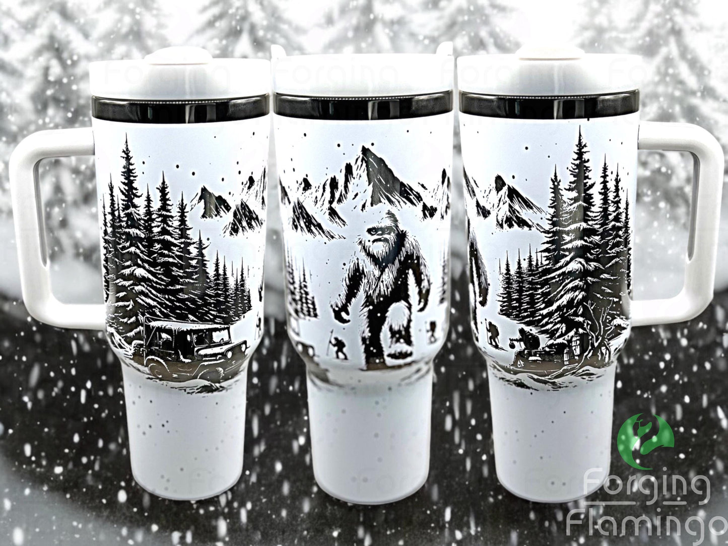 Composite image of a single tumbler engraved with Forging Flamingo's Abominable Snowman design, shown from multiple angles to highlight Bigfoot figures, snow-covered trees, and mountain scenery in a seamless winter wrap. Created using the digital file for 20oz/30oz/40oz tumblers.