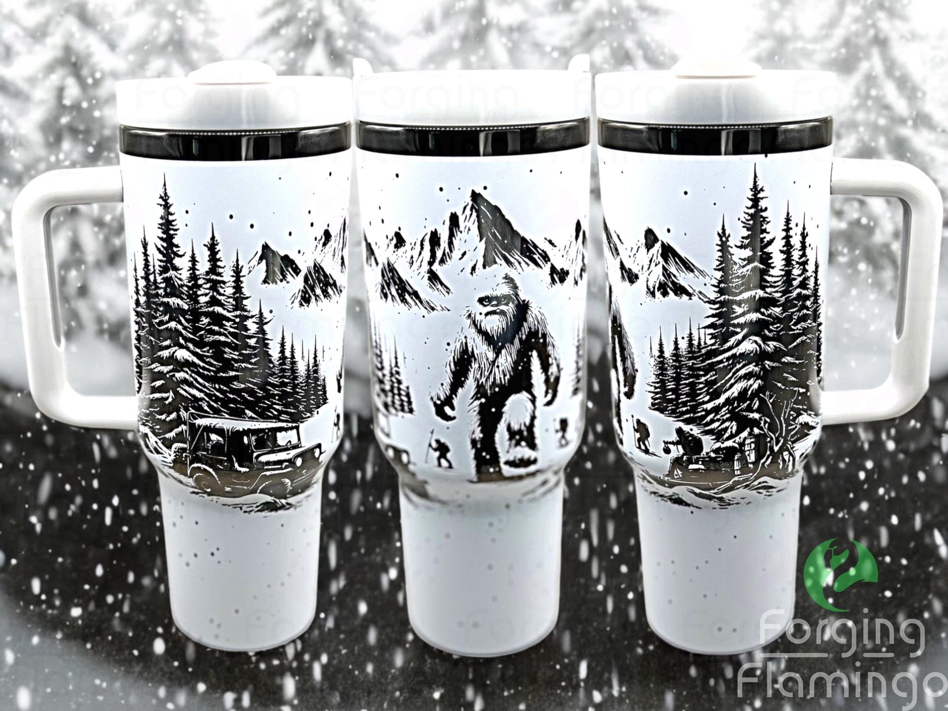 Composite image of a single tumbler engraved with Forging Flamingo's Abominable Snowman design, shown from multiple angles to highlight Bigfoot figures, snow-covered trees, and mountain scenery in a seamless winter wrap. Created using the digital file for 20oz/30oz/40oz tumblers.