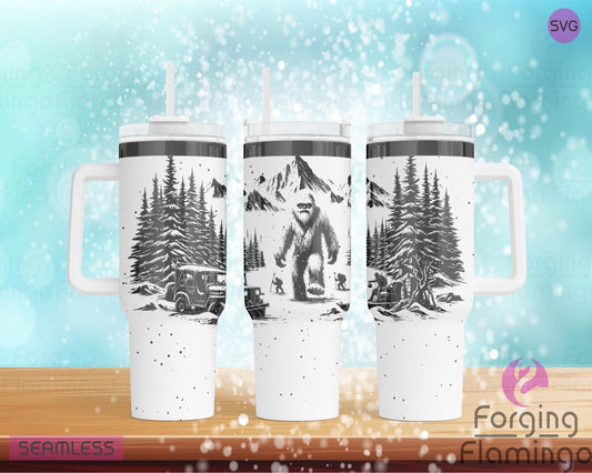 Mockup image of the Abominable Snowman Tumbler Wrap SVG by Forging Flamingo, displayed on three tumblers featuring a winter forest scene with fir trees, Bigfoot silhouettes, mountains, and snowflakes in a seamless wrap. Digital design shown for 20oz, 30oz, and 40oz tumblers.