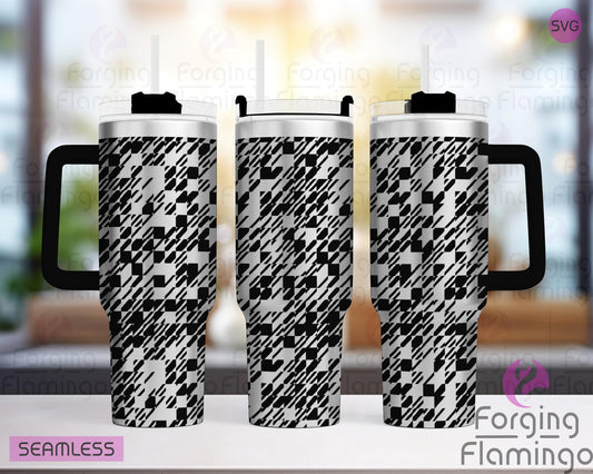 Mockup image of the Abstract Houndstooth Tumbler Wrap SVG by Forging Flamingo, displayed on three tumblers featuring a modern, stylized twist on the classic houndstooth pattern in a seamless wrap. Digital design shown for 20oz, 30oz, and 40oz tumblers.