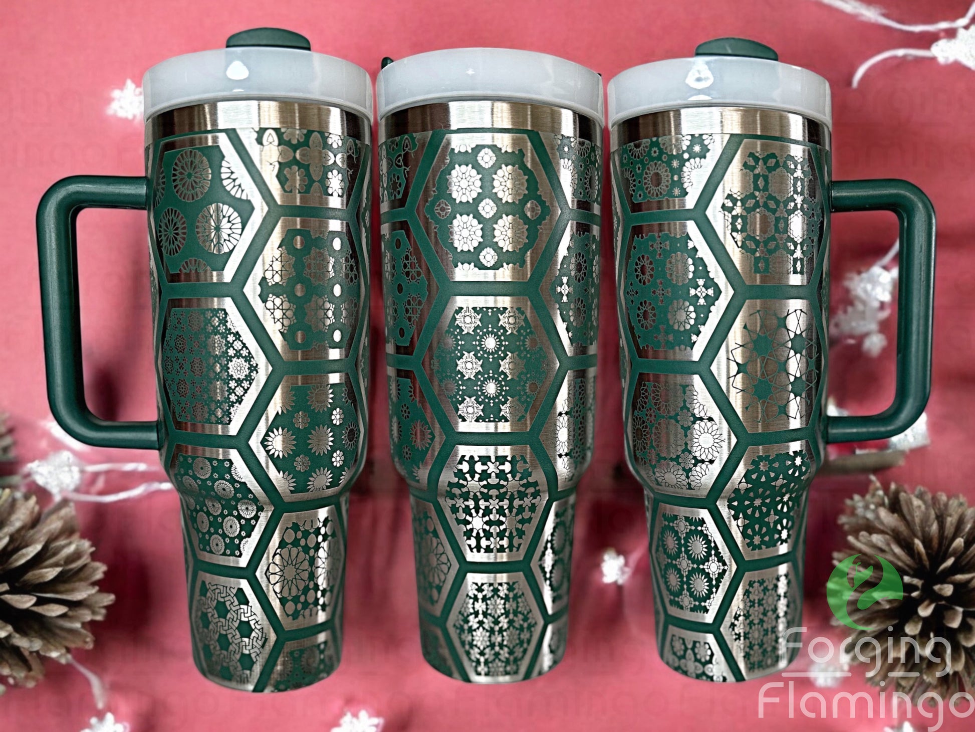 Composite image of a single tumbler engraved with Forging Flamingo's Arabesque Tiles design, shown from multiple angles to highlight detailed tile engravings with ornamental floral and geometric elements in a seamless wrap. Created using the digital file for 20oz/30oz/40oz tumblers.