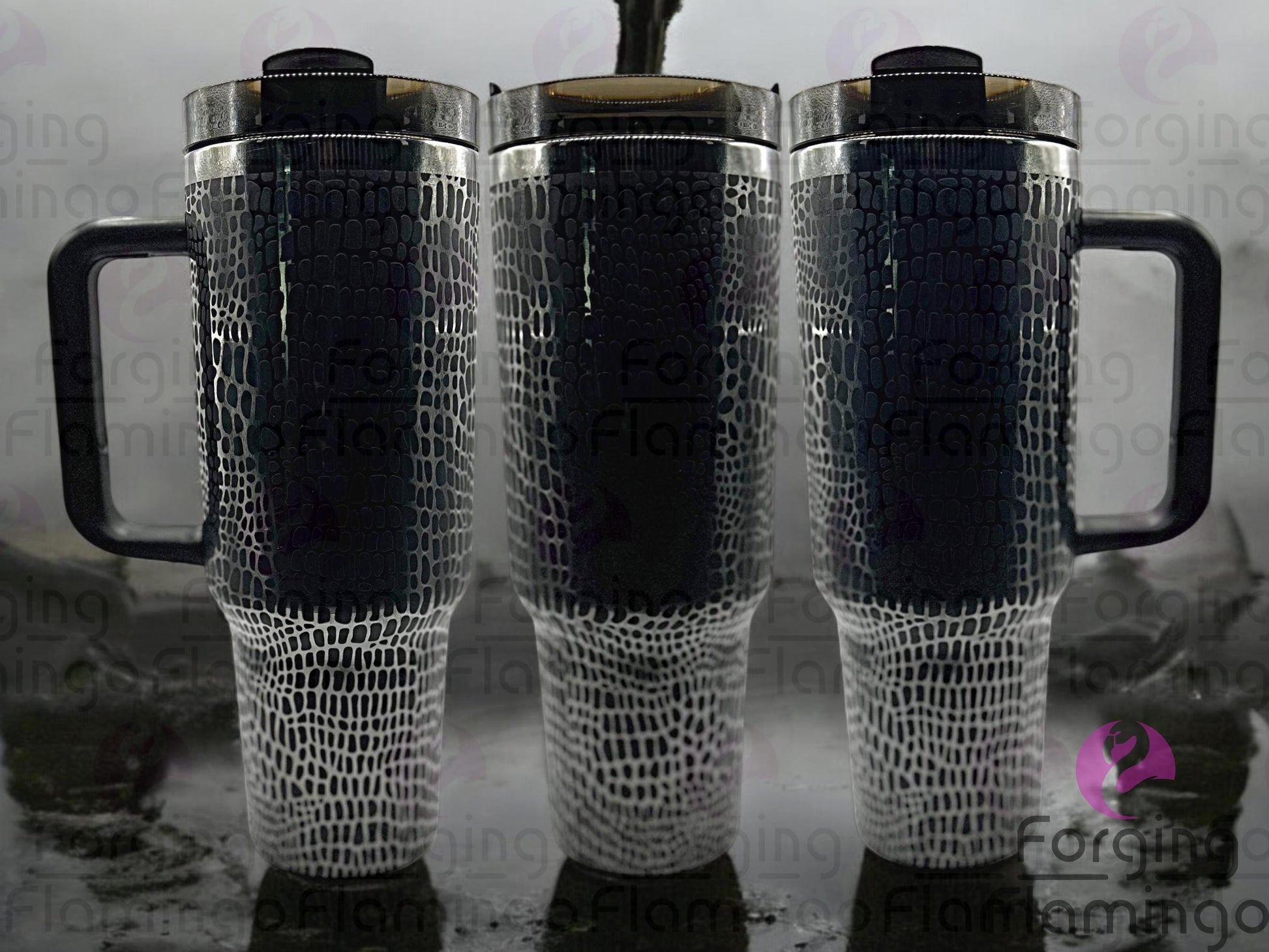 Composite image of a 40oz black tumbler with onyx engraving, featuring Forging Flamingo's Alligator/Crocodile Skin design. Shown from multiple angles to highlight bold, textured reptile scale patterns in a seamless, rugged wrap. Part of our Bargain Bin collection.