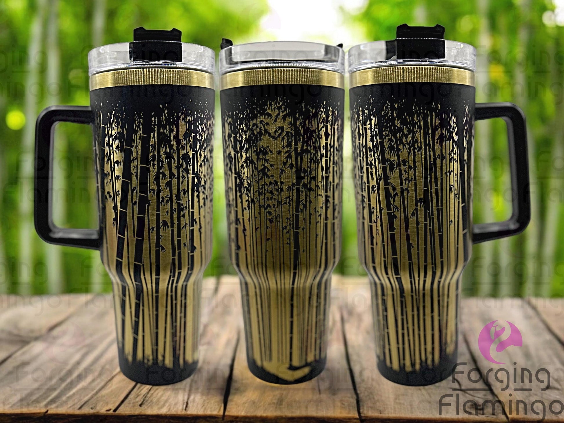 Composite image of a 40oz black tumbler with gold engraving, featuring Forging Flamingo's Bamboo Forest design. Shown from multiple angles to highlight tall bamboo stalks and leafy details in a seamless nature-inspired wrap. Part of our Bargain Bin collection.