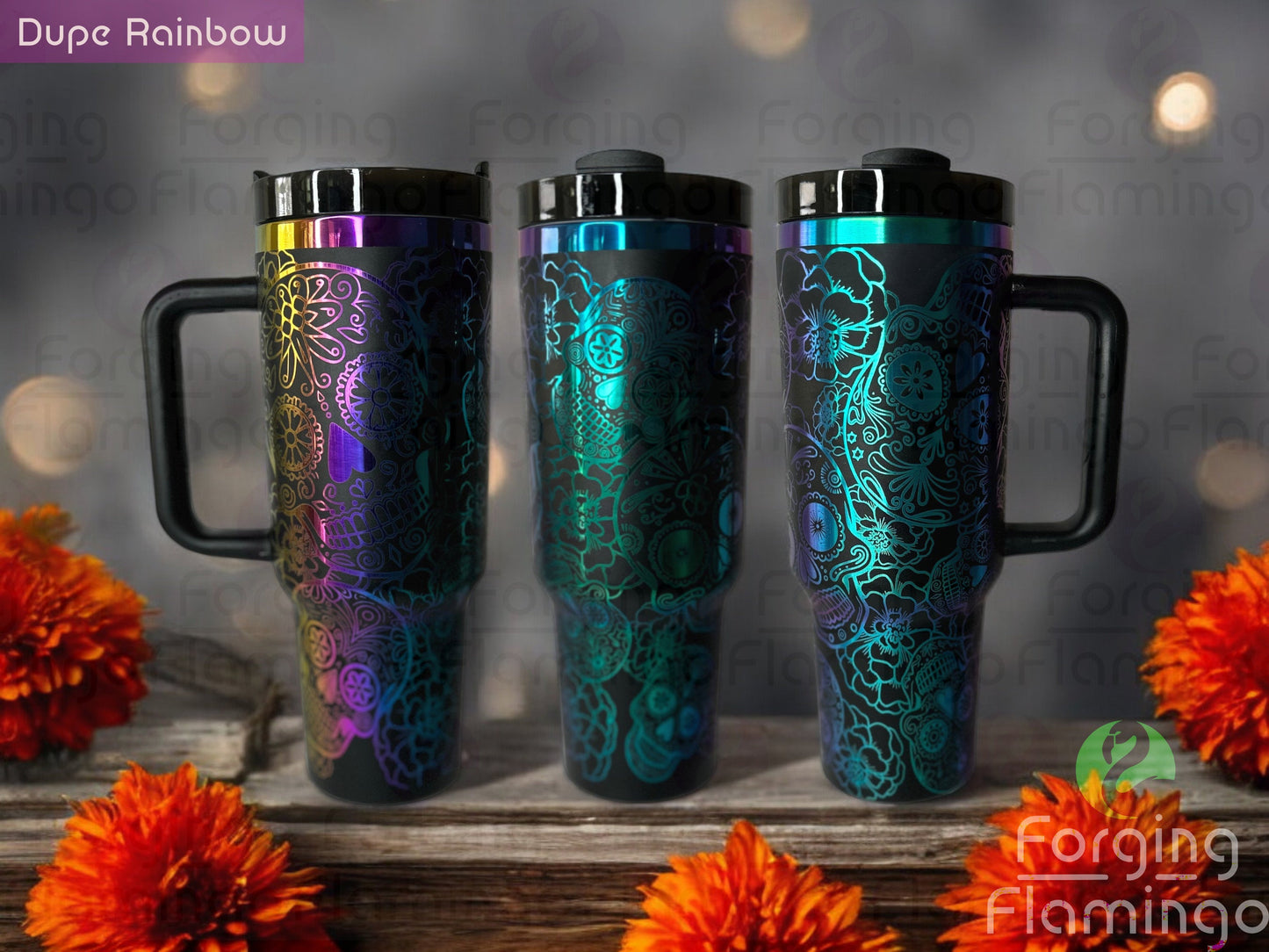 Composite image of a 40oz black tumbler with rainbow engraving, featuring Forging Flamingo's Dia de los Muertos design. Displayed from multiple angles to showcase sugar skulls, floral details, and celebratory accents in a seamless wrap. Part of our Bargain Bin collection.