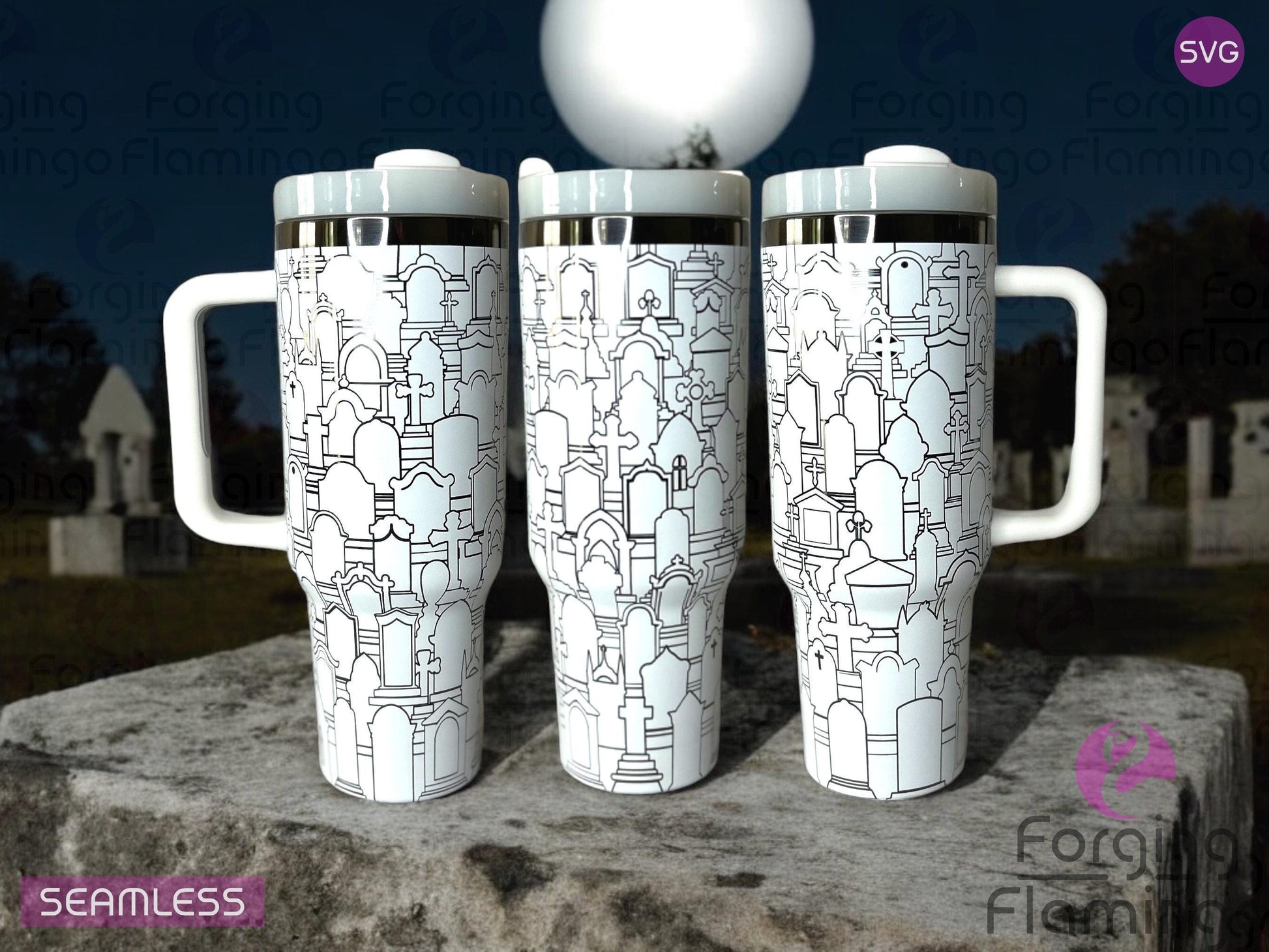 Composite image of a 40oz white tumbler with onyx engraving, featuring Forging Flamingo's Graveyard design. Displayed from multiple angles to showcase haunted trees, tombstones, bats, and spooky silhouettes in a seamless Halloween wrap. Part of our Bargain Bin collection.