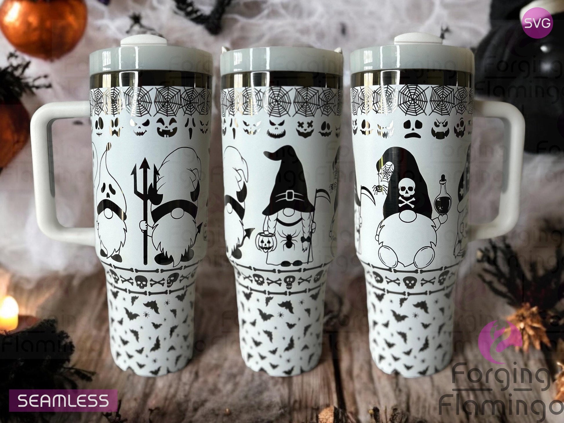 Composite image of a 40oz white tumbler with onyx engraving, featuring Forging Flamingo's Halloween Gnomes design. Shown from multiple angles to highlight whimsical gnomes in witch hats, jack-o'-lanterns, and spooky accents in a seamless Halloween wrap. Part of our Bargain Bin collection.
