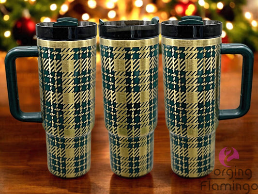 Composite image of a 30oz shiny green tumbler with gold engraving, featuring Forging Flamingo's Houndstooth Plaid design. Displayed from multiple angles to showcase the bold, classic houndstooth pattern in a seamless, fashion-inspired wrap. Part of our Bargain Bin collection.