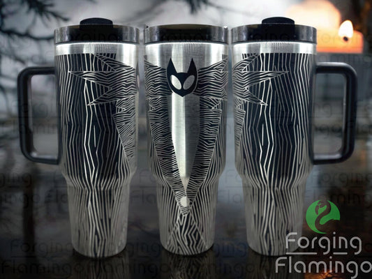 Composite image of a 40oz black tumbler with stainless engraving, featuring Forging Flamingo's Jack's Suit design. Shown from multiple angles to highlight the bold pinstripe pattern in a seamless Halloween-inspired wrap. Part of our Bargain Bin collection.