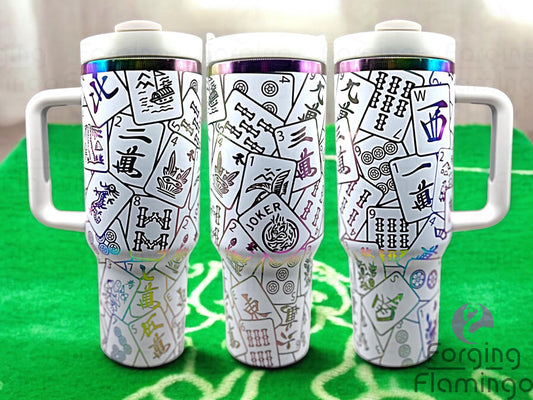 Composite image of a 40oz white tumbler with rainbow engraving, featuring Forging Flamingo's Mahjong design. Displayed from multiple angles to highlight intricate Mahjong tiles and symbols in a seamless, game-inspired wrap. Part of our Bargain Bin collection.