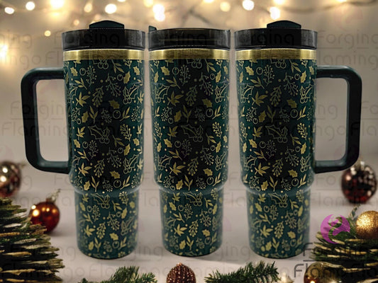 Composite image of a 30oz shiny green tumbler with gold engraving, featuring Forging Flamingo's Mistletoe & Holly design. Shown from multiple angles to highlight festive mistletoe sprigs, holly leaves, and berries in a seamless holiday wrap. Part of our Bargain Bin collection.