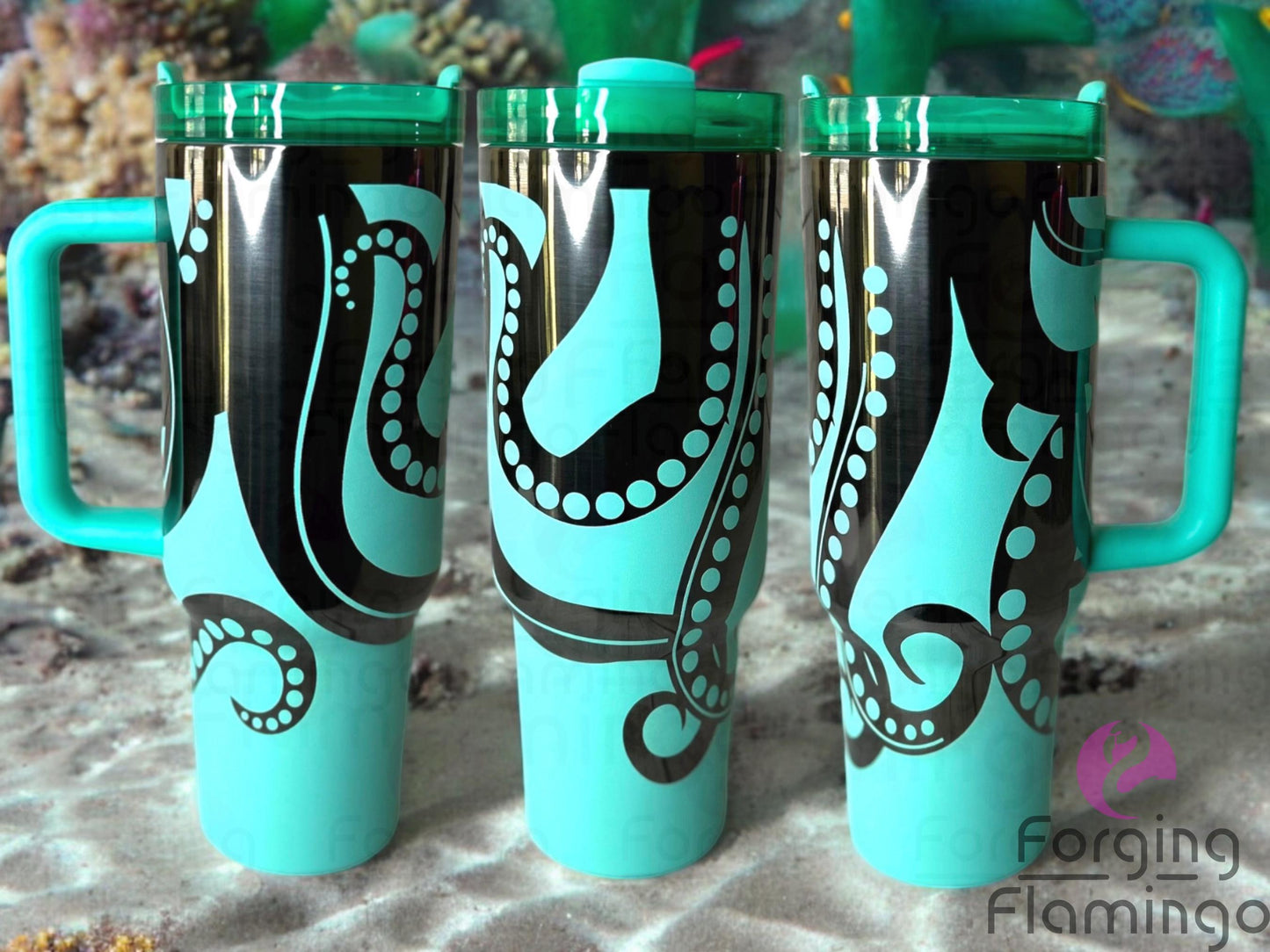 Composite image of a 40oz teal tumbler with onyx engraving, featuring Forging Flamingo's Octopus design. Displayed from multiple angles to showcase intricate tentacles and ocean-inspired details in a seamless underwater-themed wrap. Part of our Bargain Bin collection.
