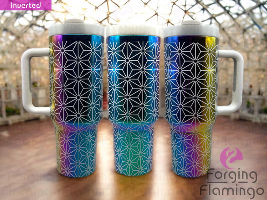 Composite image of a 40oz white tumbler with rainbow engraving, featuring Forging Flamingo's Rocketship Mars design. Shown from multiple angles to highlight geometric patterns and space-inspired accents in a seamless wrap. Part of our Bargain Bin collection.