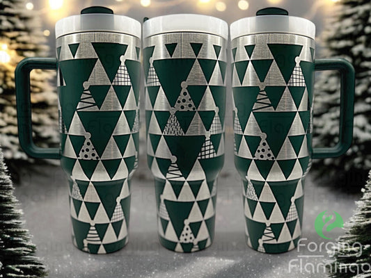 Composite image of a 40oz green tumbler with stainless engraving, featuring Forging Flamingo's Triangle Christmas Trees design. Shown from multiple angles to highlight minimalist geometric tree shapes in a seamless holiday wrap. Part of our Bargain Bin collection.