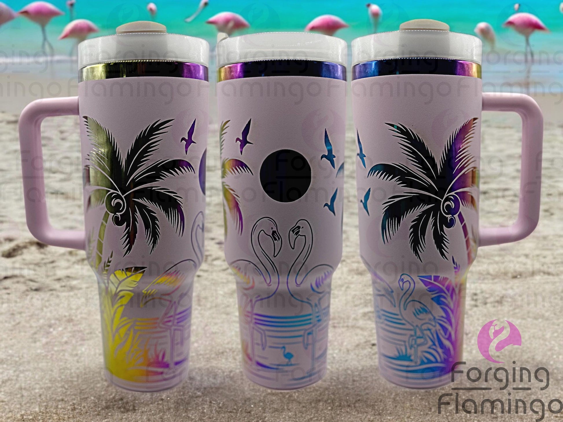 Composite image of a single tumbler engraved with Forging Flamingo's Beach Flamingos design, shown from multiple angles to highlight engraved flamingos, palms, and beachy elements in a seamless tropical wrap. Created using the digital file for 20oz/30oz/40oz tumblers.