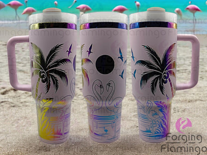 Composite image of a single tumbler engraved with Forging Flamingo's Beach Flamingos design, shown from multiple angles to highlight engraved flamingos, palms, and beachy elements in a seamless tropical wrap. Created using the digital file for 20oz/30oz/40oz tumblers.