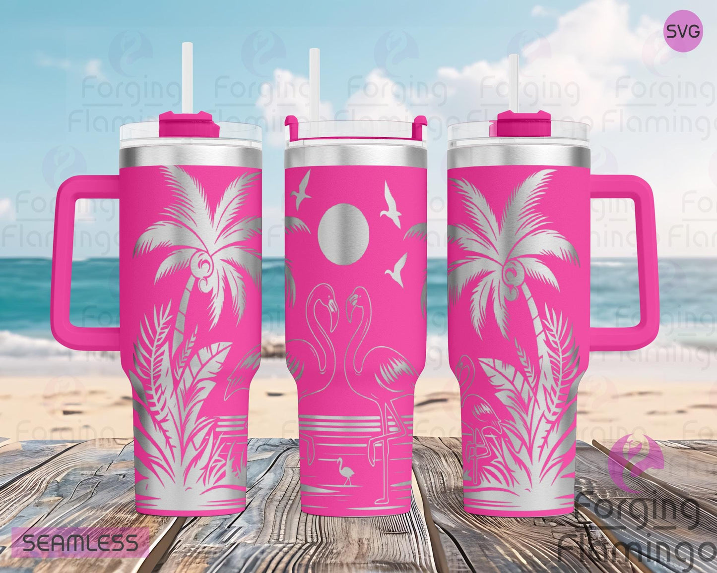 Mockup image of the Beach Flamingos Tumbler Wrap SVG by Forging Flamingo, displayed on three tumblers featuring elegant flamingos, palm trees, and ocean waves in a tropical seamless wrap. Digital design shown for 20oz, 30oz, and 40oz tumblers.