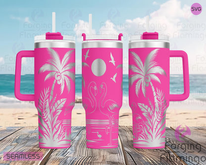 Mockup image of the Beach Flamingos Tumbler Wrap SVG by Forging Flamingo, displayed on three tumblers featuring elegant flamingos, palm trees, and ocean waves in a tropical seamless wrap. Digital design shown for 20oz, 30oz, and 40oz tumblers.