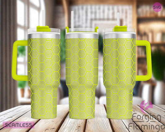 Mockup image of the Beehive Tumbler Wrap SVG by Forging Flamingo, displayed on three tumblers featuring honeycomb patterns, buzzing bees, and floral elements. Digital design shown for 20oz, 30oz, and 40oz tumblers.
