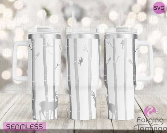 Mockup image of the Birch Trees & Cardinals Tumbler Wrap SVG by Forging Flamingo, displayed on three tumblers featuring slender birch trees, perched cardinals, and minimal forest details in a seamless nature-themed wrap. Digital design shown for 20oz, 30oz, and 40oz tumblers.