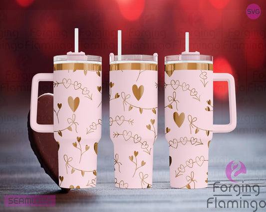 Mockup image of the Boho Valentines Tumbler Wrap SVG by Forging Flamingo, displayed on three tumblers featuring hearts, rainbows, arrows, and boho-style decorative elements in a soft, seamless romantic wrap. Digital design shown for 20oz, 30oz, and 40oz tumblers.