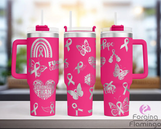 Mockup image of the Breast Cancer Awareness Tumbler Wrap SVG by Forging Flamingo, displayed on three tumblers featuring pink ribbons, butterflies, hearts, and empowering phrases in a seamless wrap. Digital design shown for 20oz, 30oz, and 40oz tumblers.